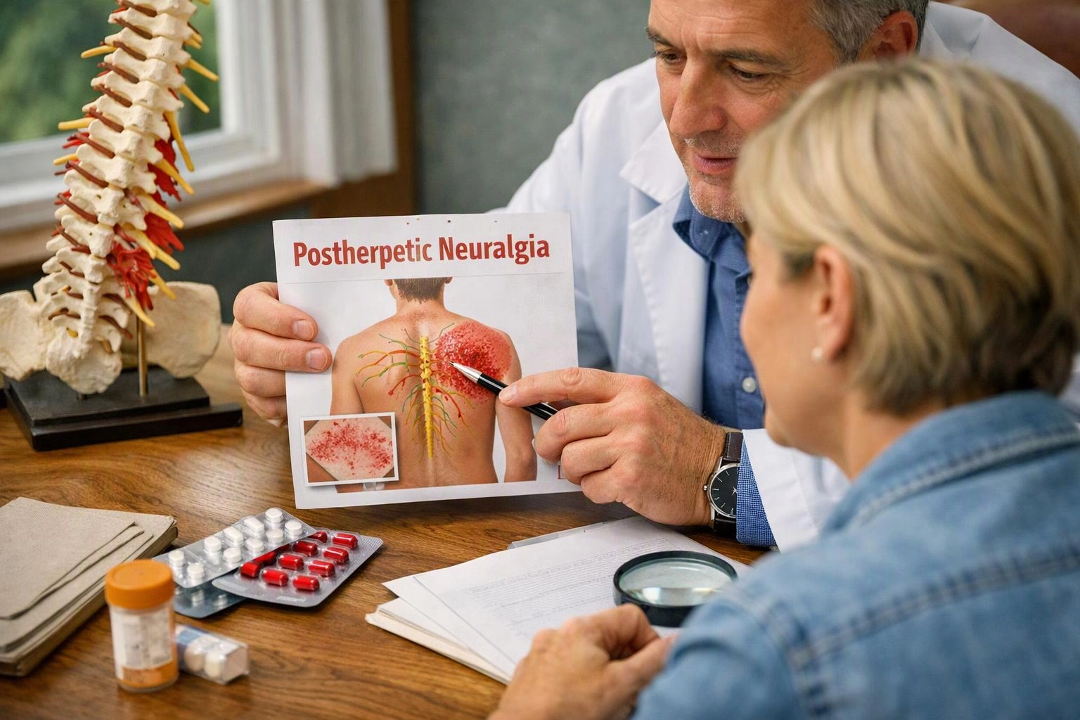 A doctor points at a postherpetic neuralgia diagram while speaking to a seated woman at a desk with pills and a spine model
