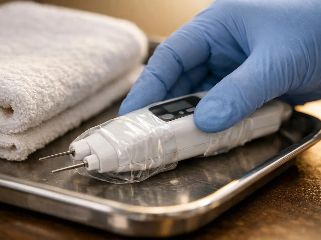 A gloved hand holds a taped white electric device with two metal tips on a metal tray beside folded towels