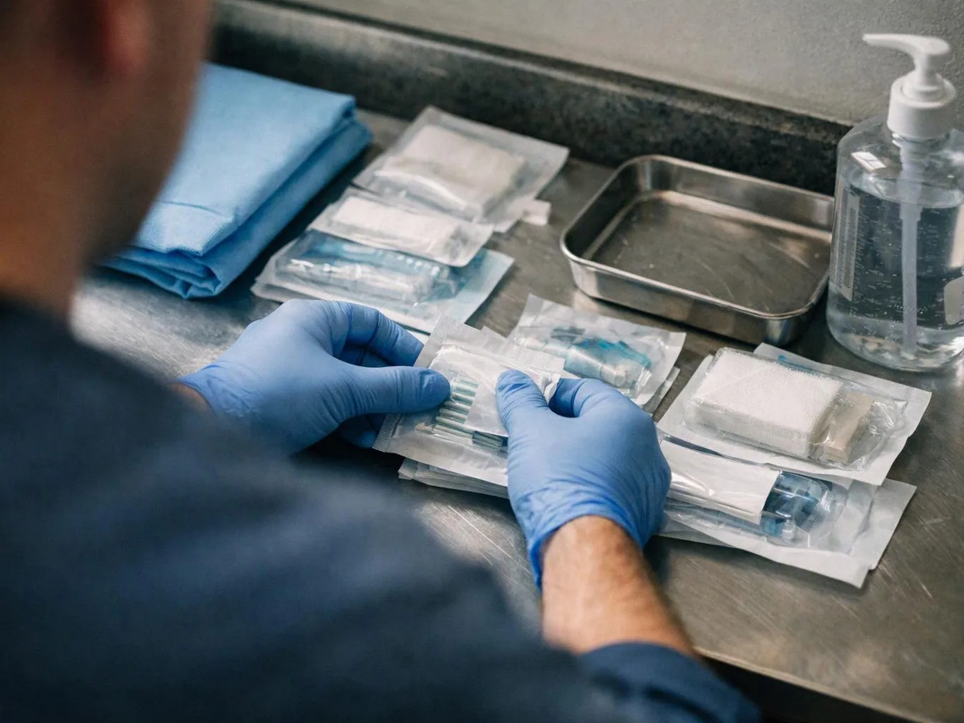 Gloved hands sort sealed medical supplies on a stainless steel counter beside a tray and sanitizer bottle