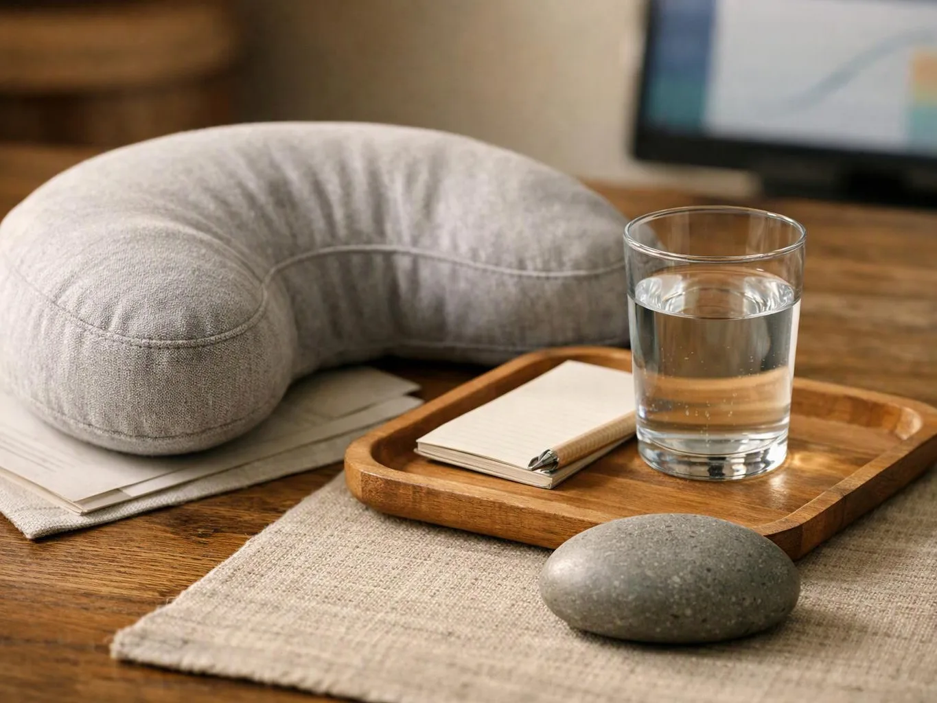 A gray neck pillow, notebook, glass of water, and stone sit on a wooden tray and table