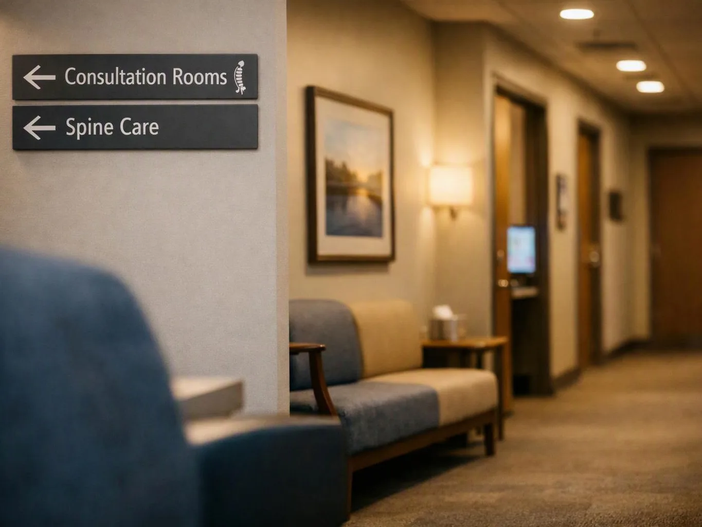 Hallway with wall signs pointing to consultation rooms and spine care, beside waiting chairs and framed art