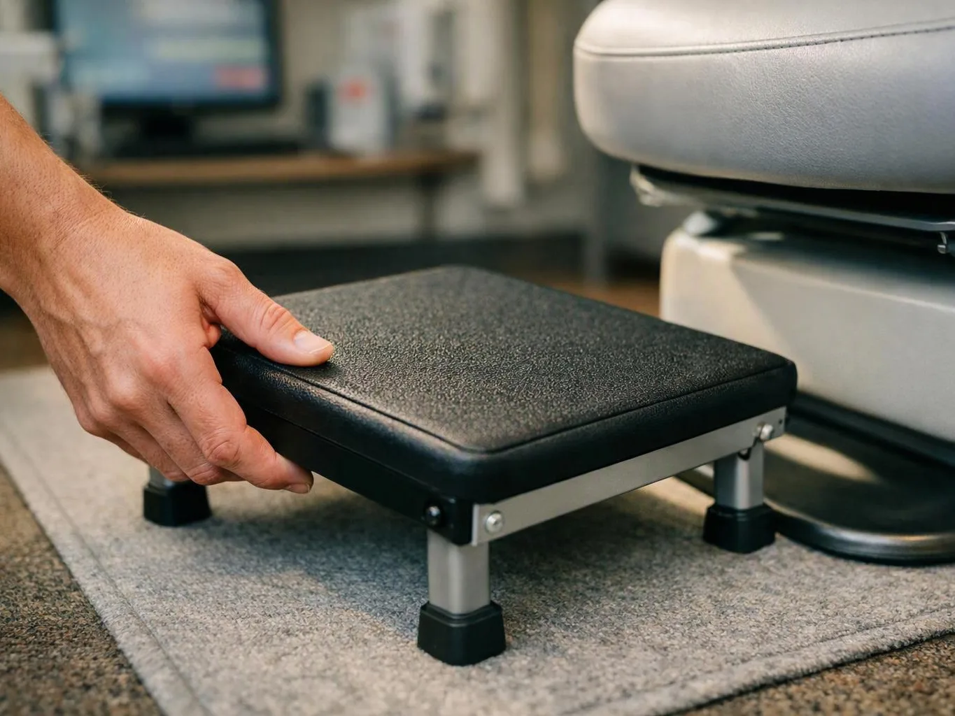 A hand adjusts a small black step stool beside a cushioned chair on a carpeted floor