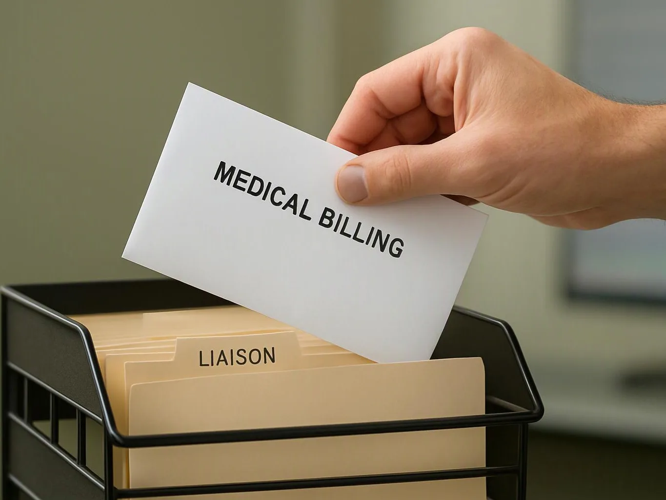 A hand drops a card labeled “MEDICAL BILLING” into a file organizer with folders labeled “LIAISON”