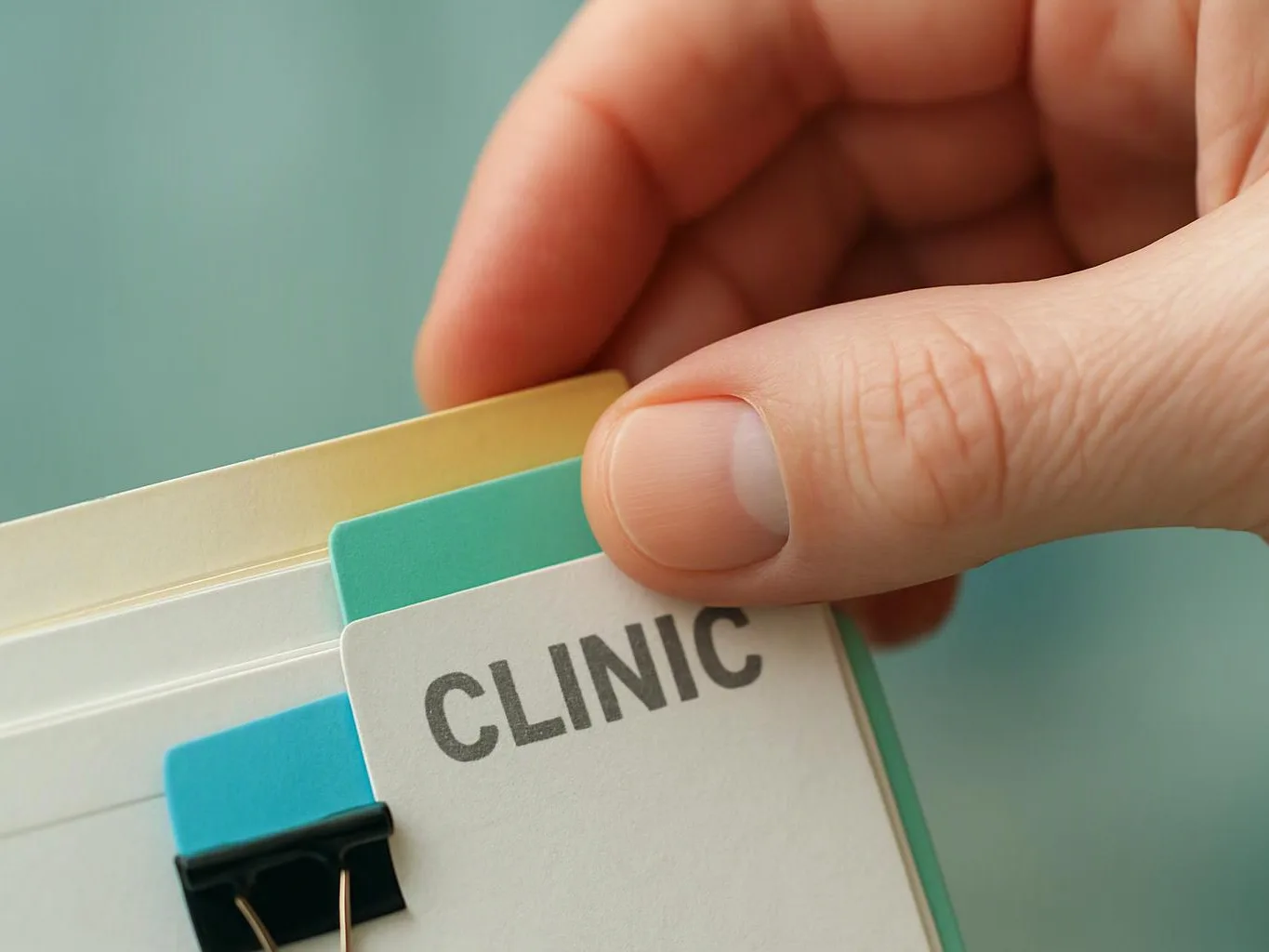 A hand flips through colored file tabs on a card labeled “CLINIC” against a plain background