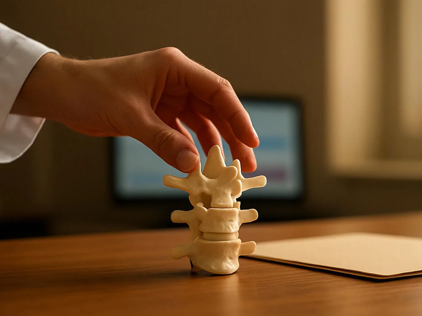 A hand gently places a small spine model on a wooden desk beside a folder