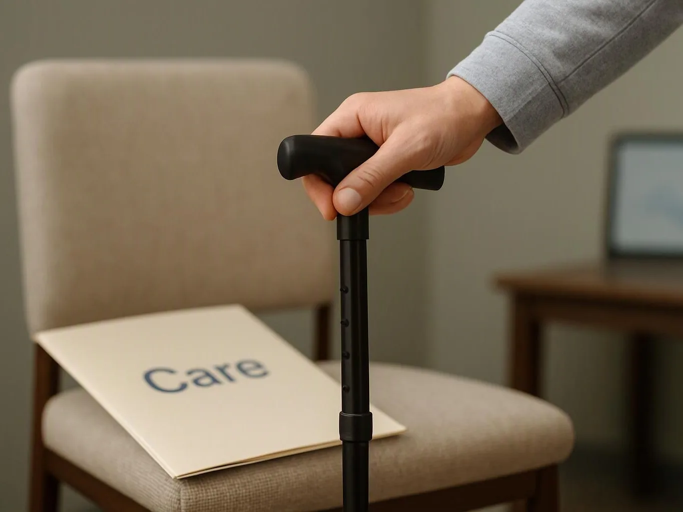 A hand grips a black cane beside a chair with a folder labeled Care