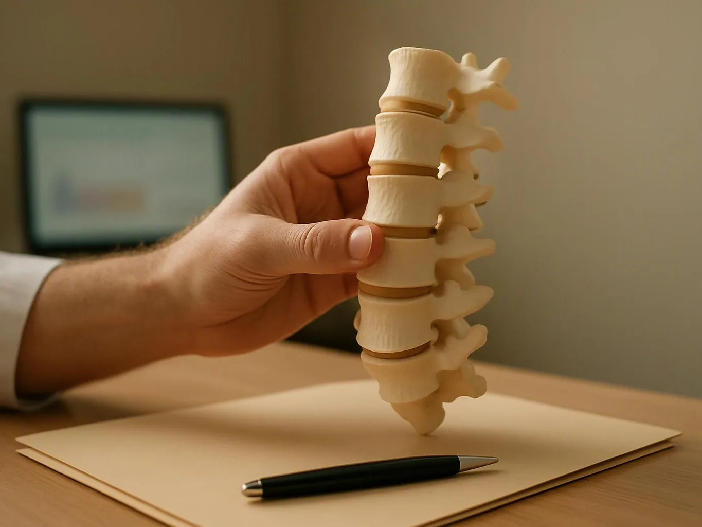 A hand holds a beige spine model above paper, with a pen on a wooden desk