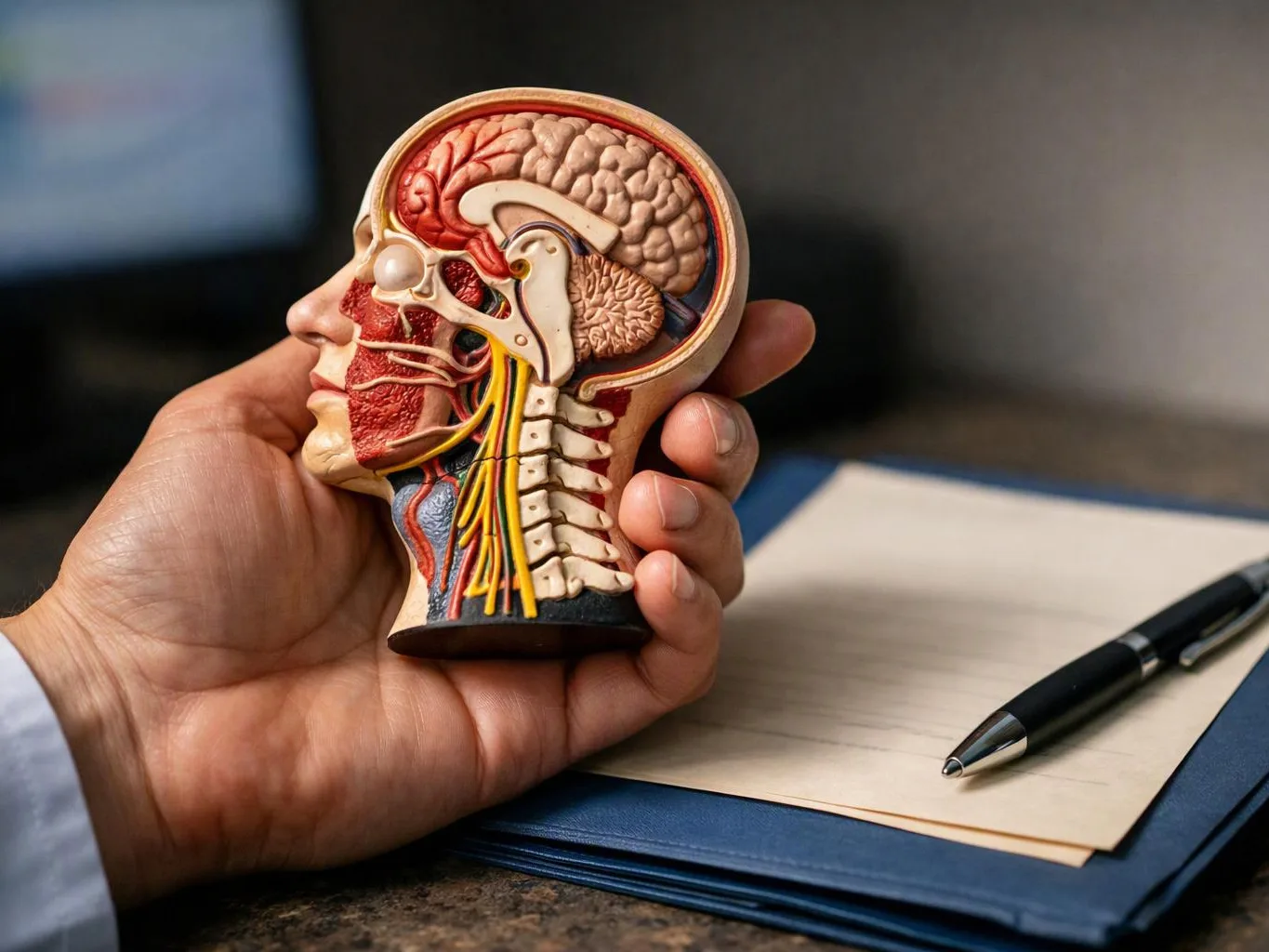 A hand holds a cross-section model of a human head and brain beside a pen and notepad