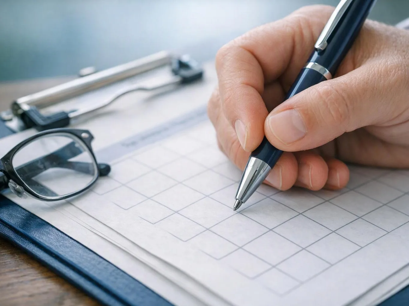 A hand holds a pen over a checkered form beside eyeglasses and a clipboard on a desk