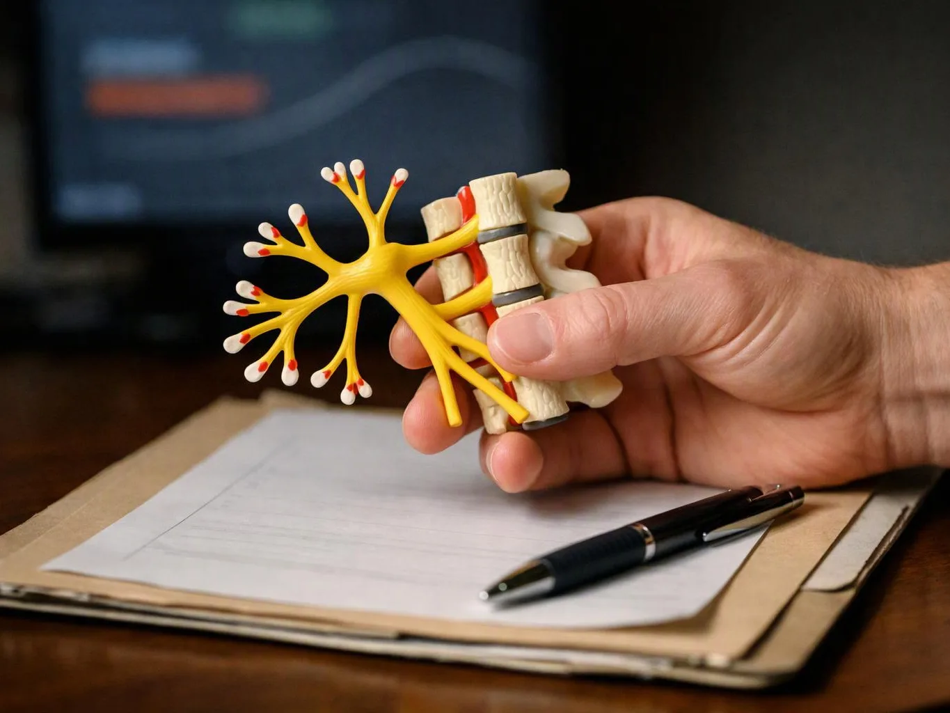 A hand holds a plastic nerve and spine model above a clipboard with a pen on a desk
