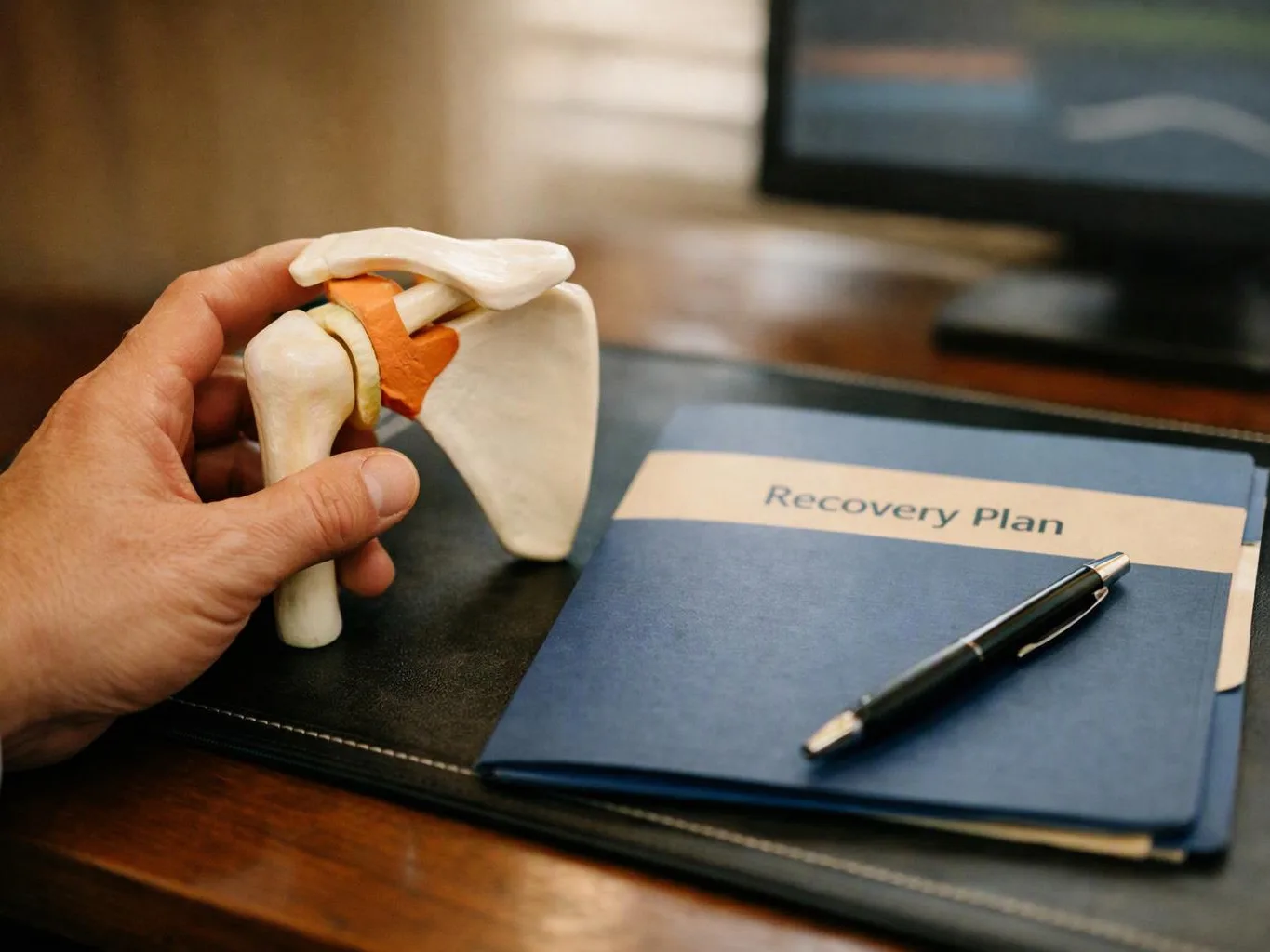 A hand holds a shoulder joint model beside a folder labeled Recovery Plan and a pen on a desk