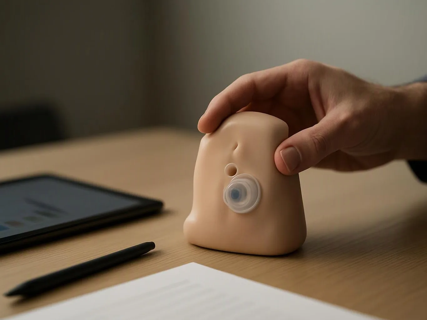 A hand holds a small beige silicone device on a wooden desk beside a tablet and pen