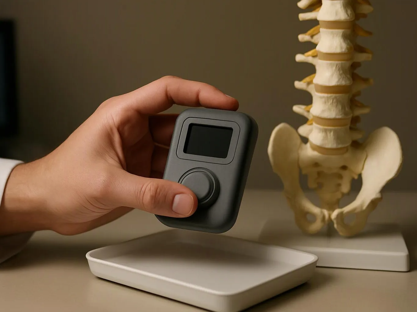 A hand holds a small black device above a white tray beside a model of the lower spine and pelvis