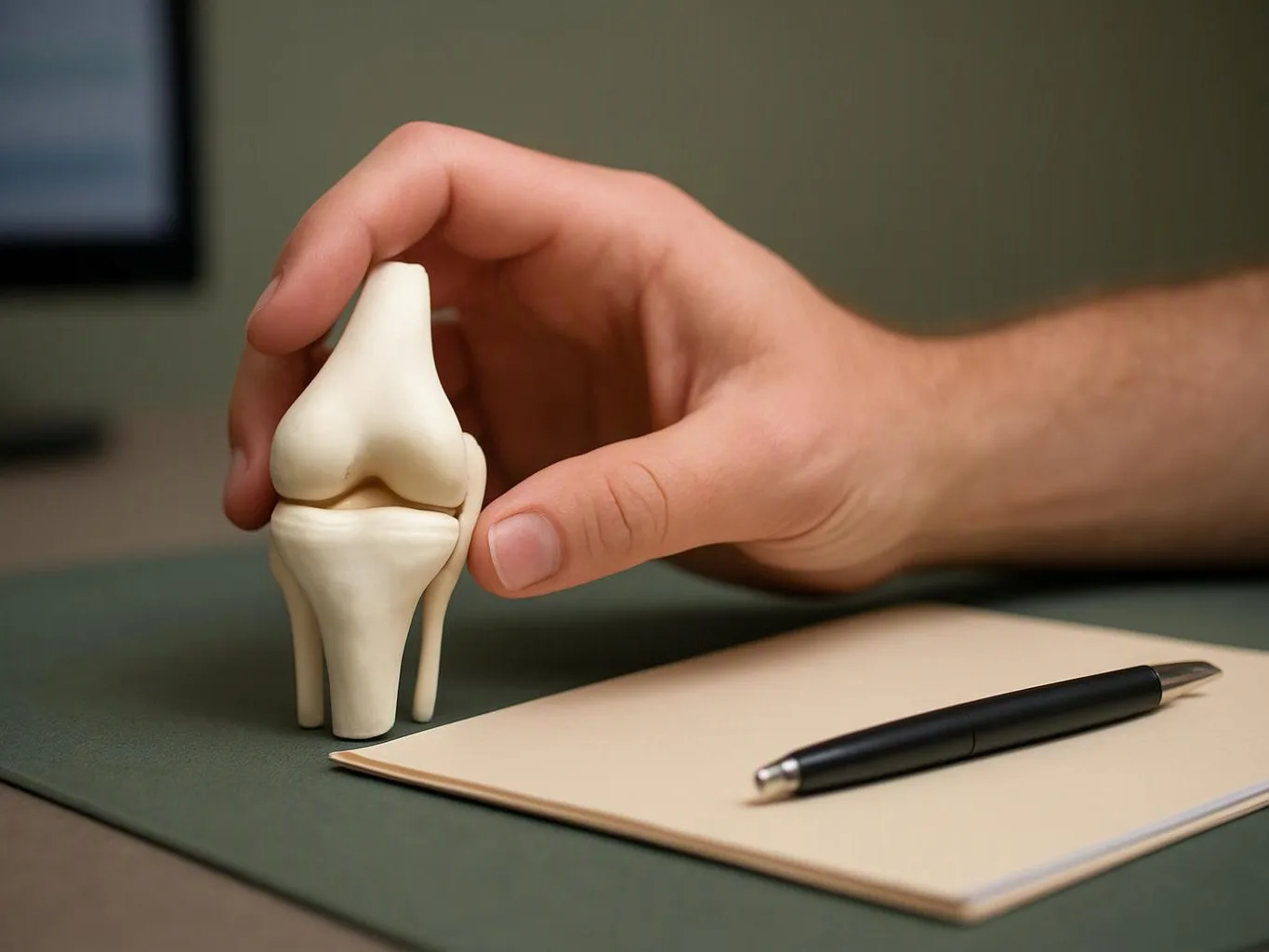 A hand holds a small knee joint model beside a notepad and pen on a desk