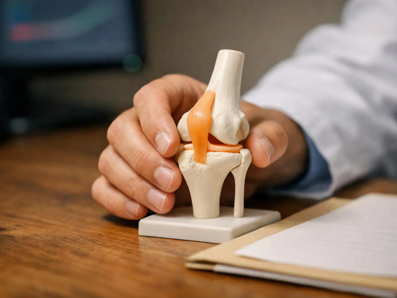 A hand holds a small knee joint model on a wooden desk, with papers nearby