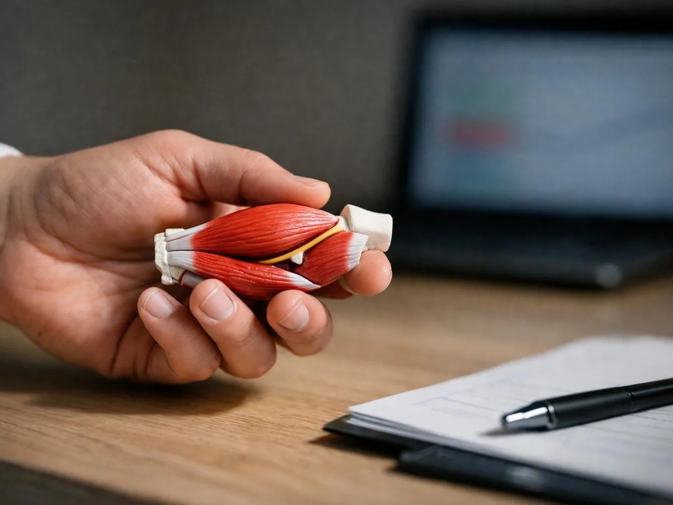 A hand holds a small red muscle anatomy model above a desk with a notepad and pen