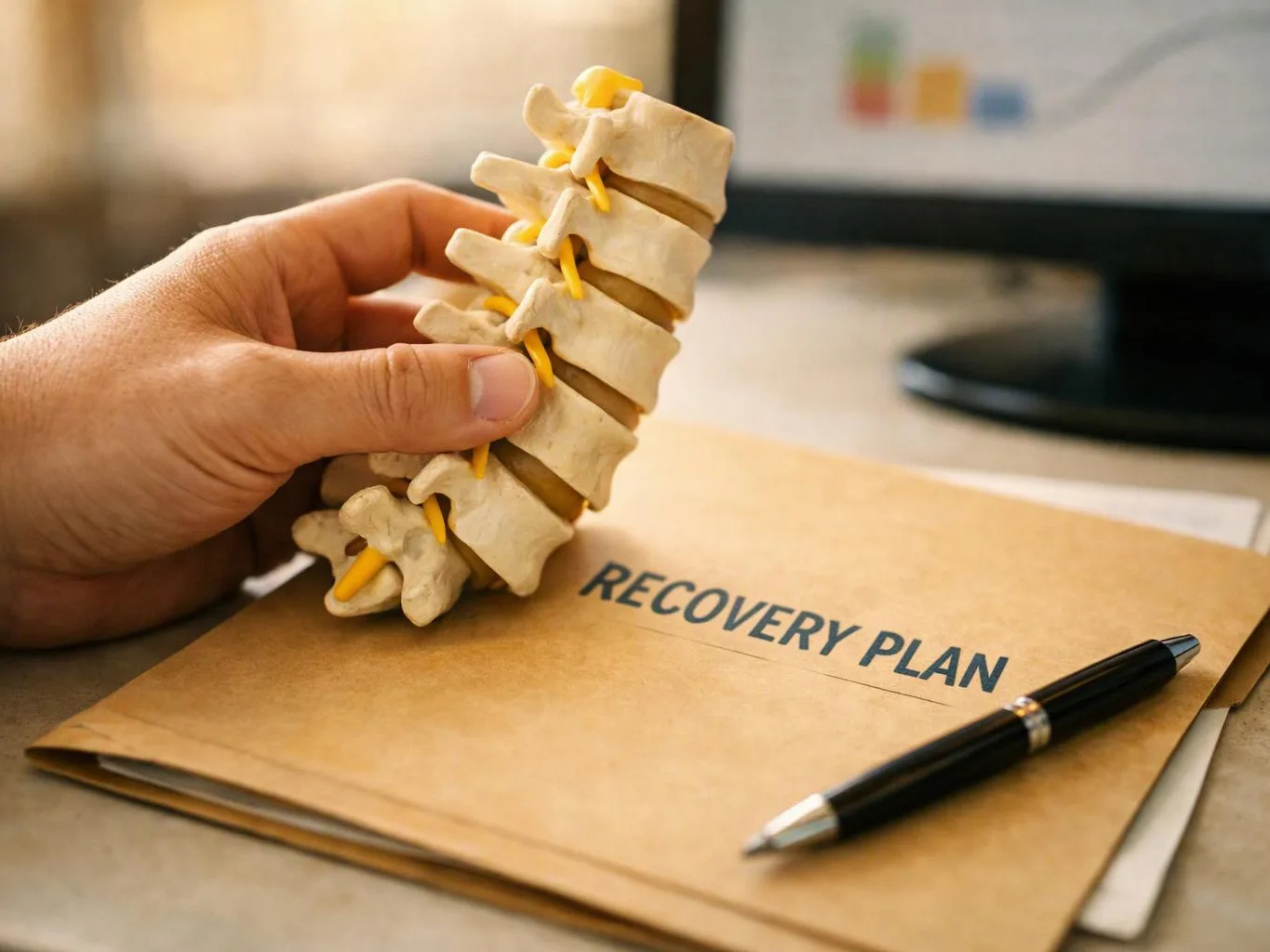A hand holds a small spine model above a folder labeled “RECOVERY PLAN” beside a pen on a desk