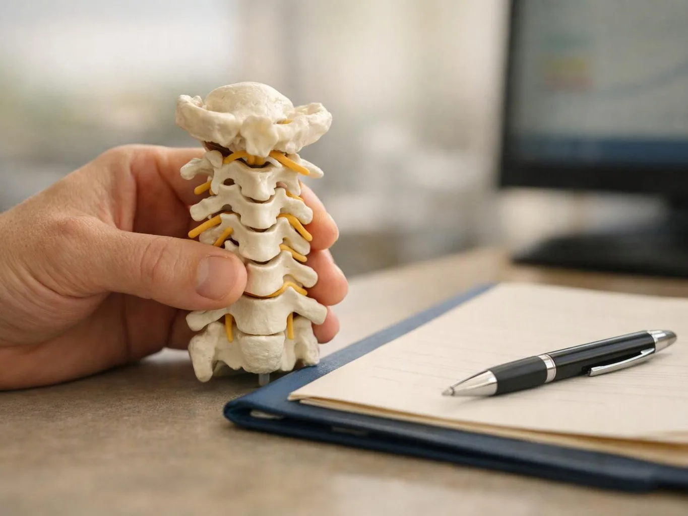 A hand holds a small spine model beside a notebook and pen on a desk