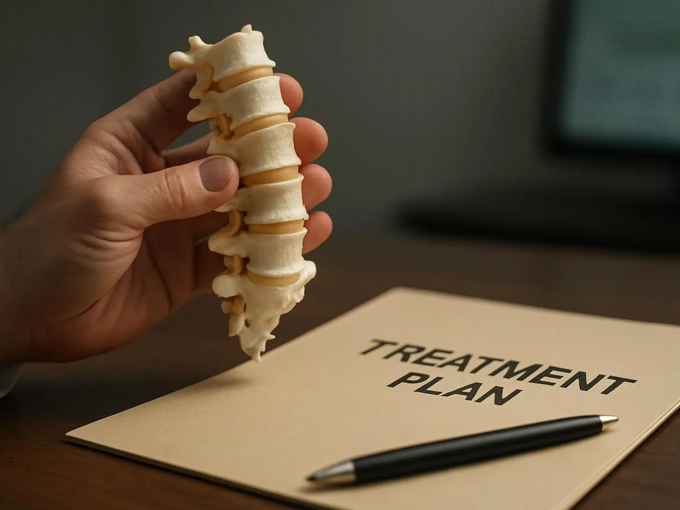 A hand holds a spine model above a folder labeled “TREATMENT PLAN” with a pen on the table