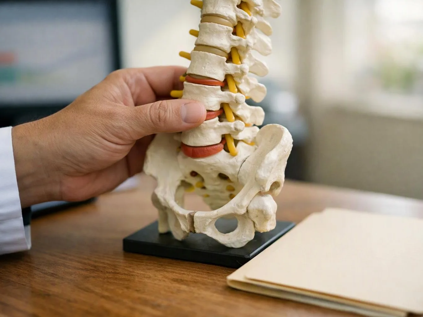 A hand holds a spine and pelvis model on a desk beside a closed notebook