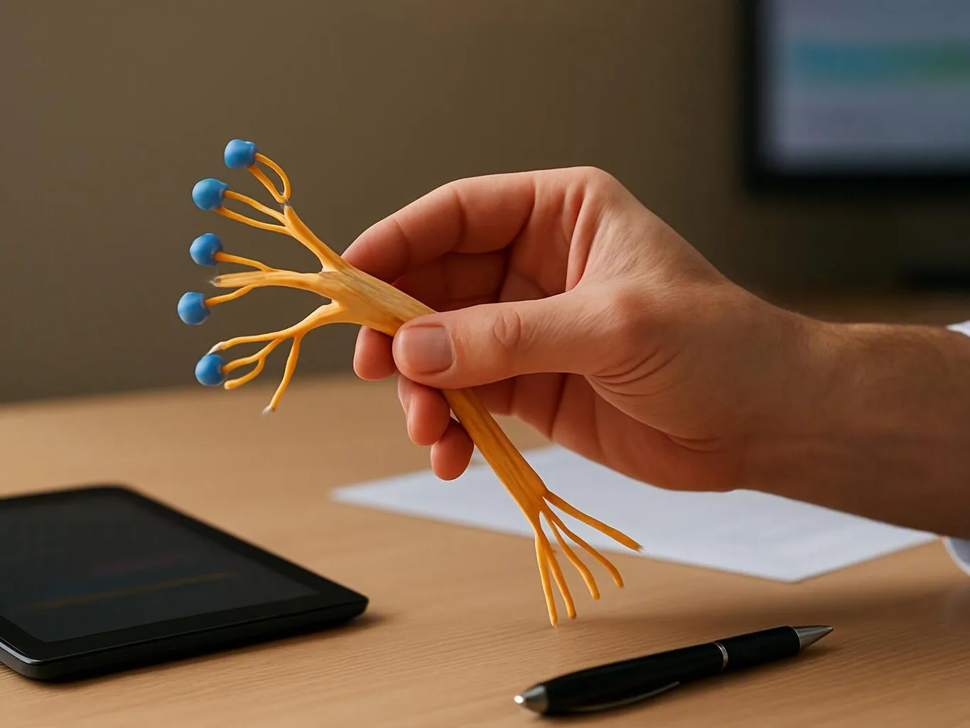 A hand holds a yellow branching model with blue tips above a desk with a tablet and pen