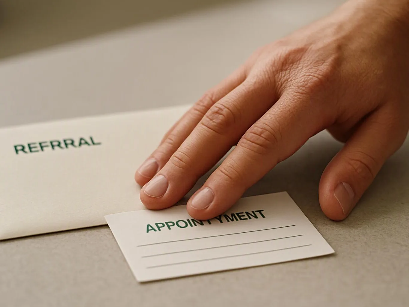A hand places an appointment card beside a referral envelope on a desk
