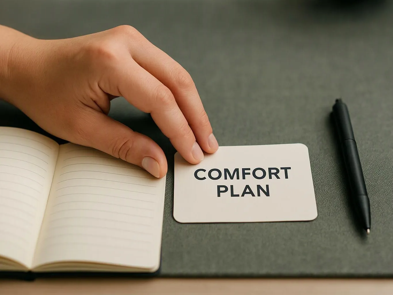 A hand places a card reading “COMFORT PLAN” beside an open notebook and a black pen on a desk