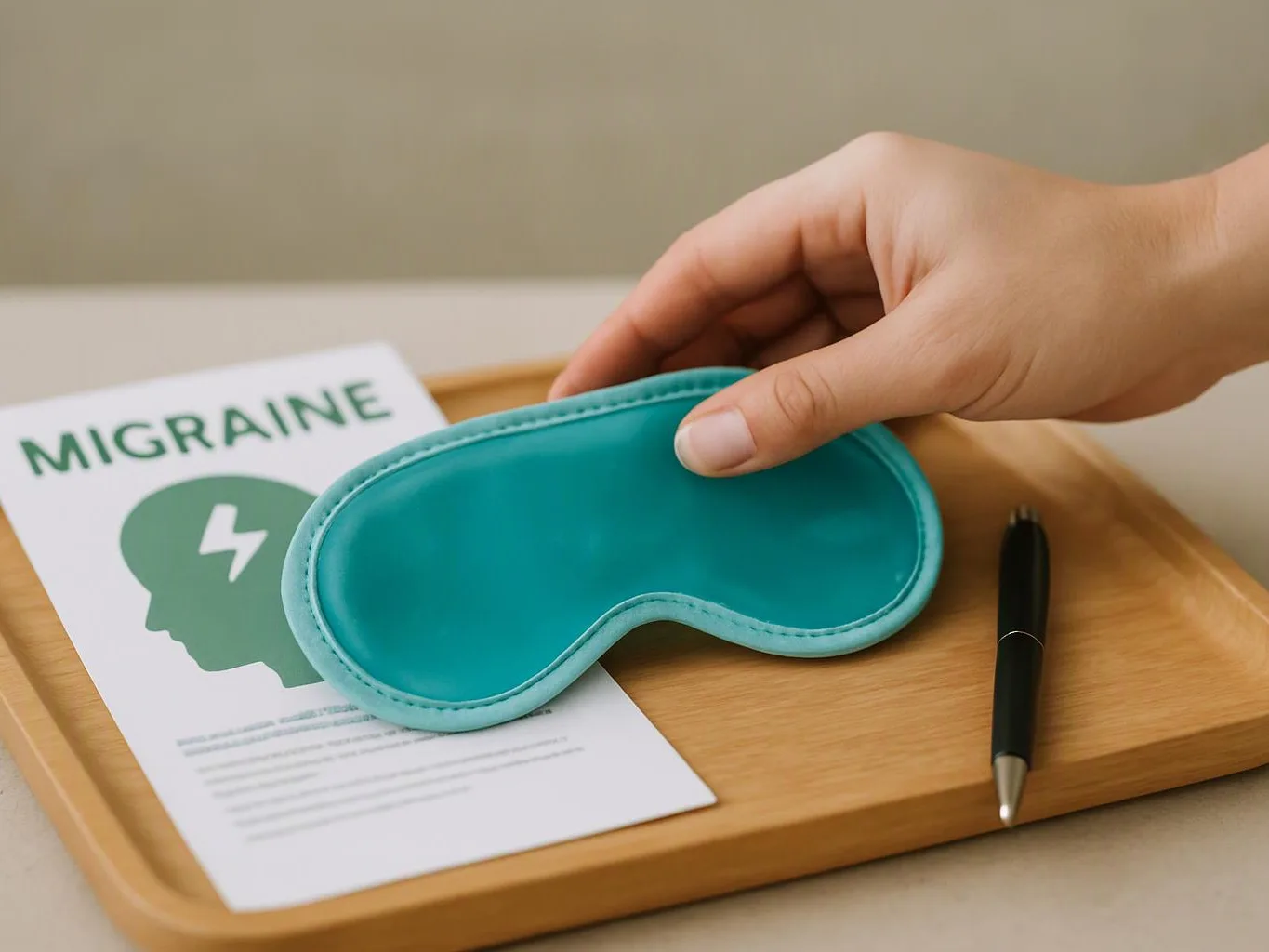 A hand places a turquoise eye mask on a tray beside a migraine leaflet and pen