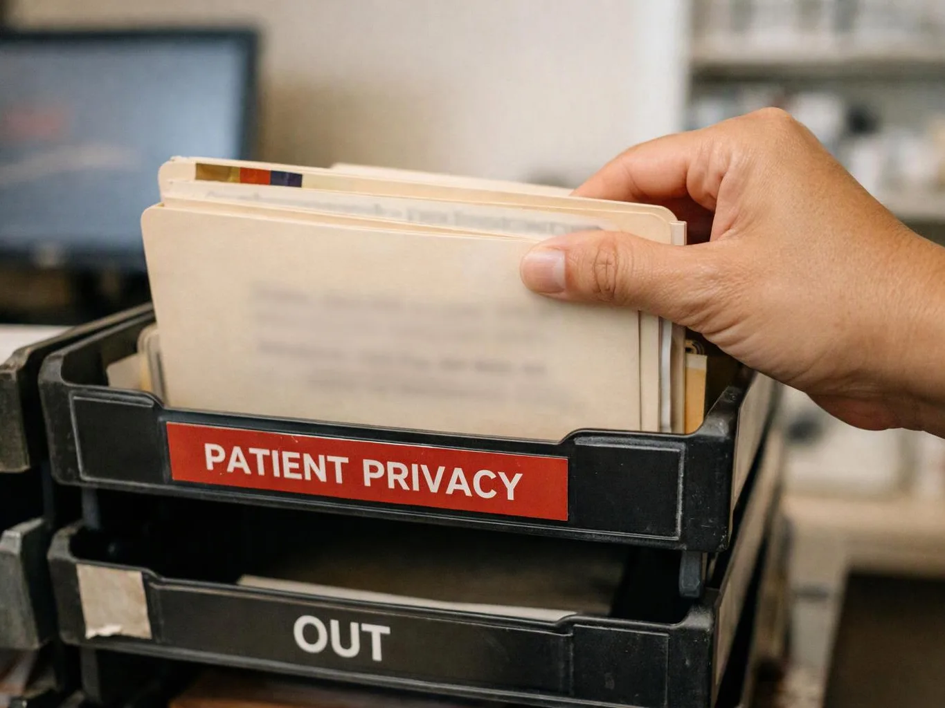 A hand pulls paper files from a black rack labeled “PATIENT PRIVACY” and “OUT”