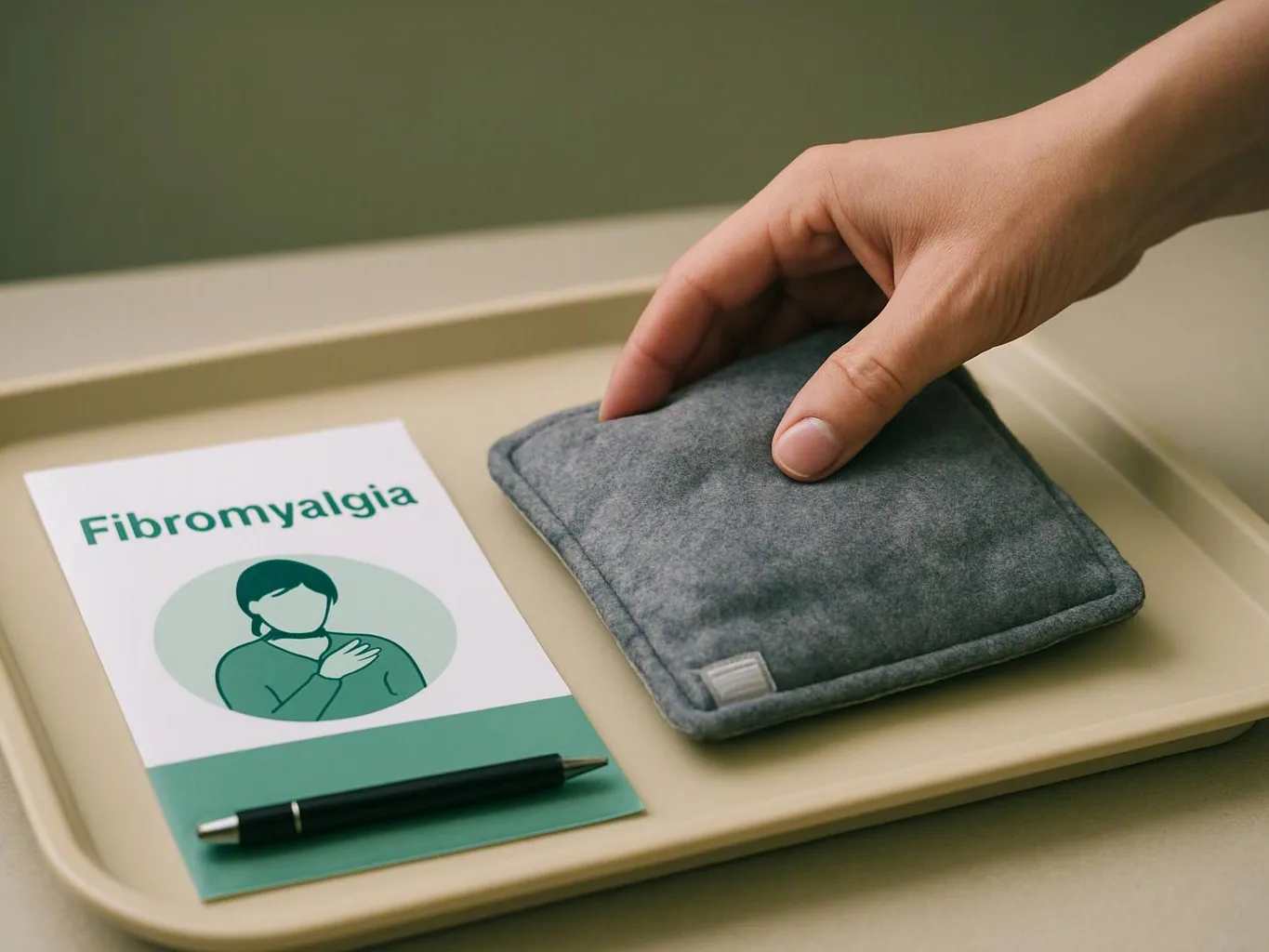 A hand reaches for a gray fabric heating pad beside a card labeled Fibromyalgia on a tray