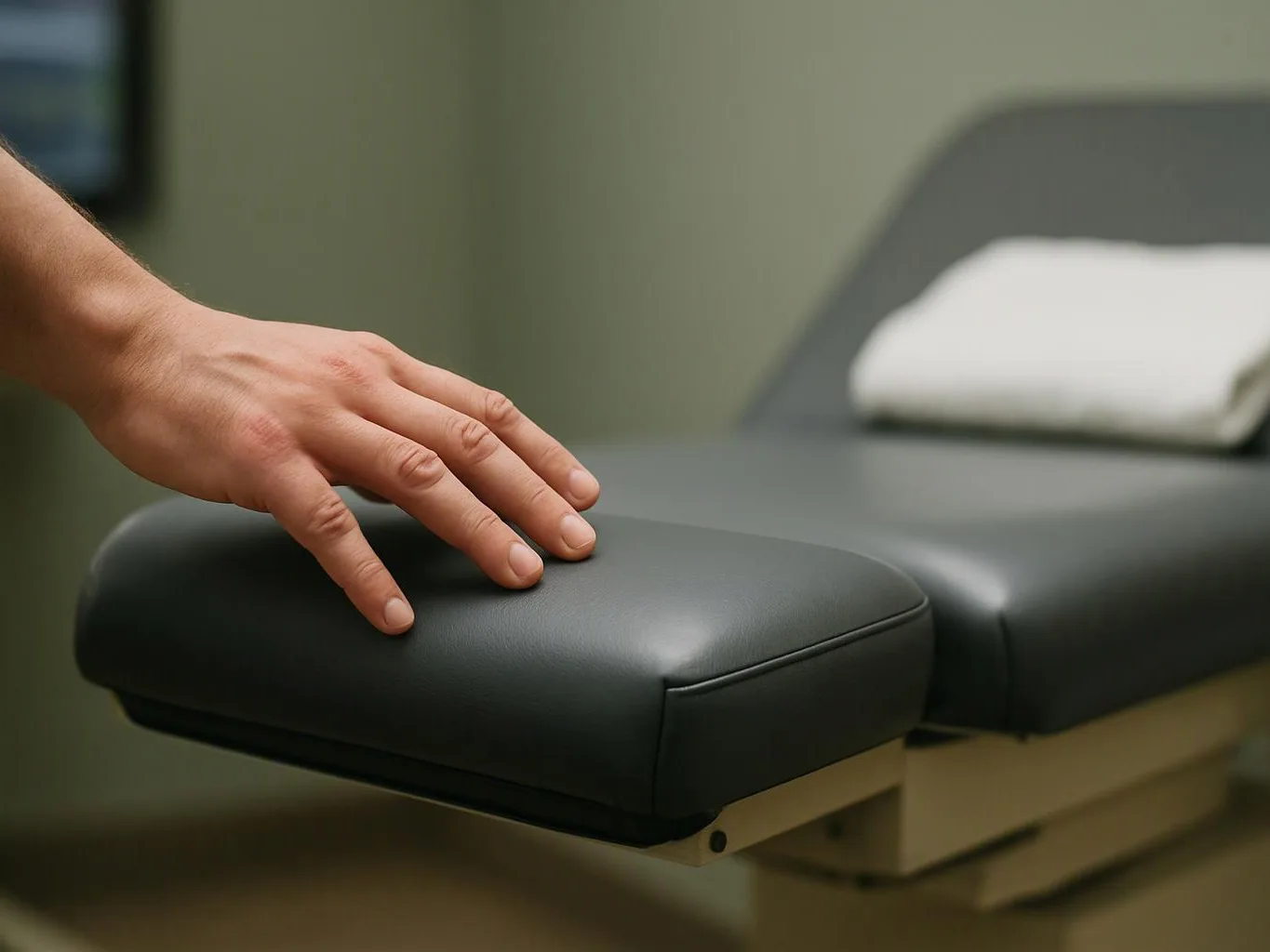 A hand rests on a padded exam table beside a folded white pillow in a clinic room