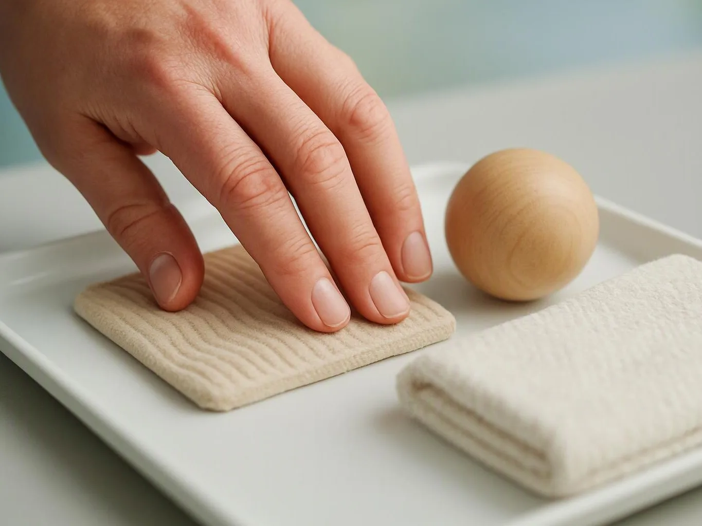 A hand touches a textured beige square beside a wooden ball and folded cloth on a white tray