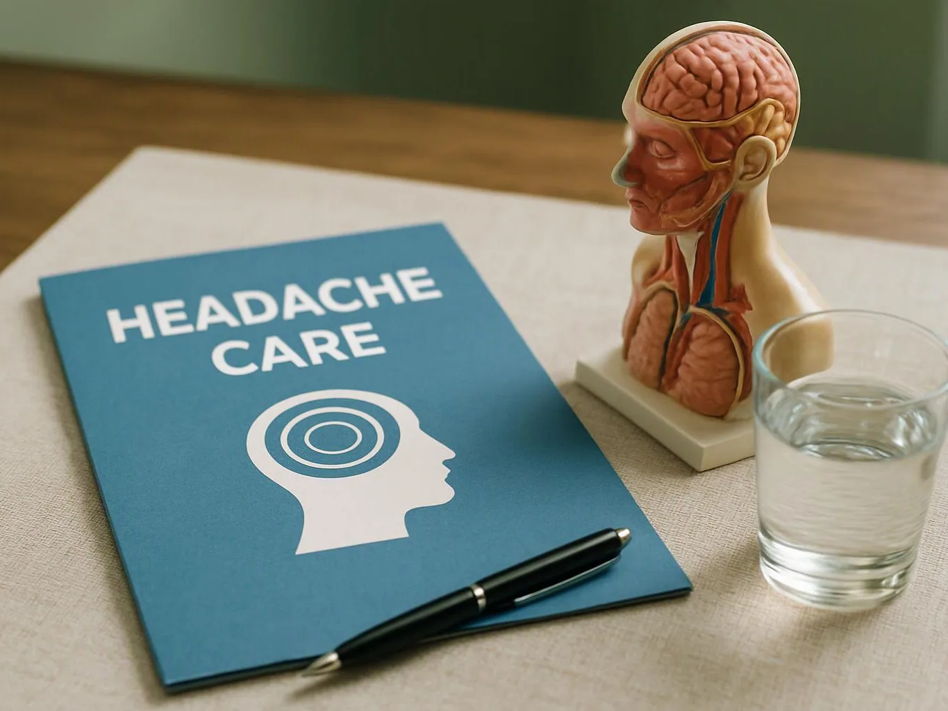 A headache care booklet, brain model, pen, and glass of water sit on a table
