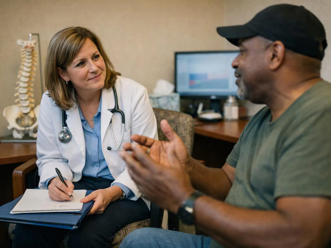 A doctor with a stethoscope listens and takes notes while talking with a seated man in an exam room