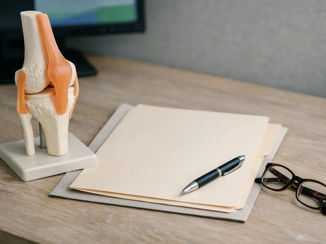 A knee joint model sits beside blank folders, a pen, and eyeglasses on a desk