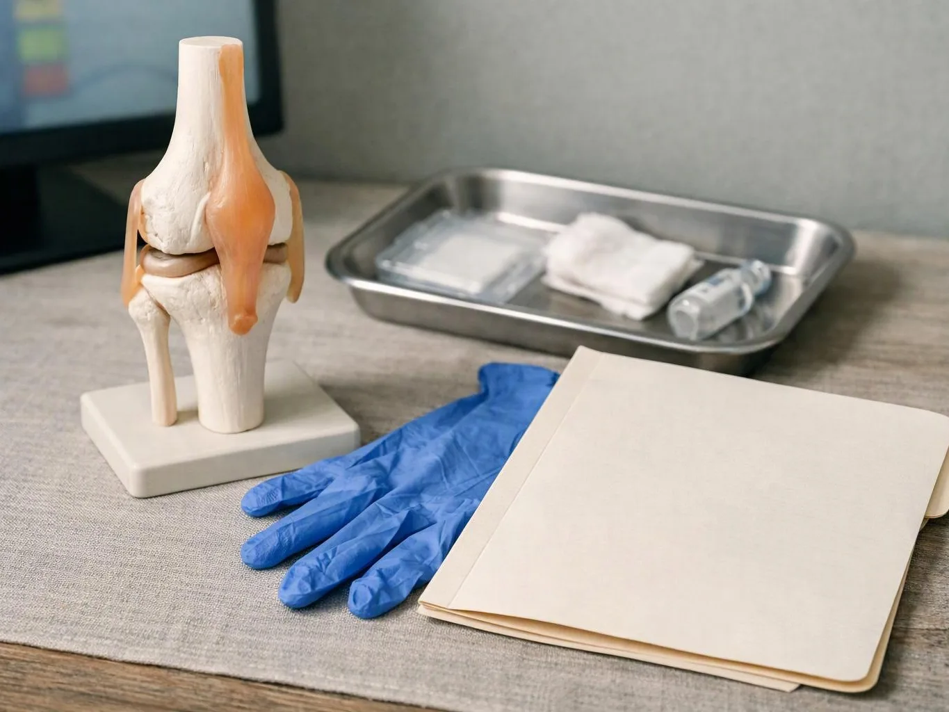 A knee joint model sits beside blue gloves, a folder, and a tray of medical supplies on a table