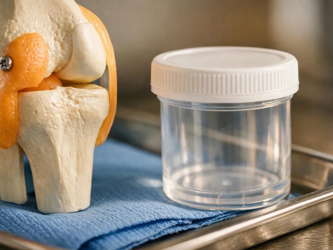 A knee joint model sits beside a clear specimen cup on a blue cloth in a metal tray