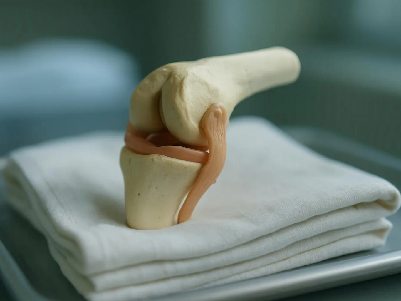 A knee joint model sits on folded white cloth in a soft-lit clinical setting