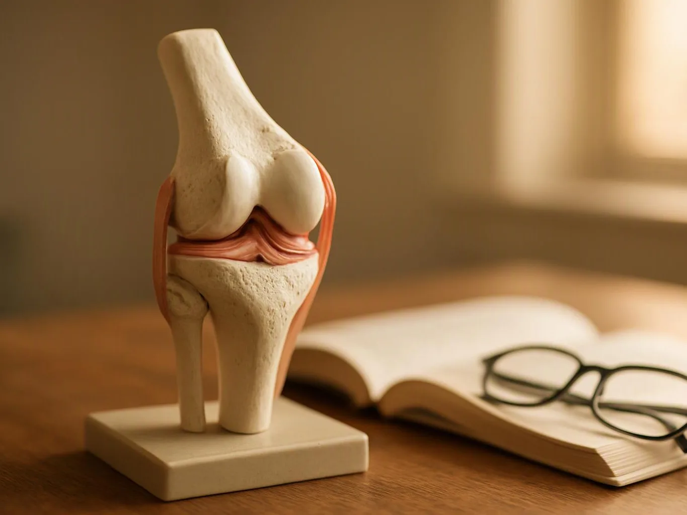 A knee joint model stands on a desk beside an open book and black eyeglasses