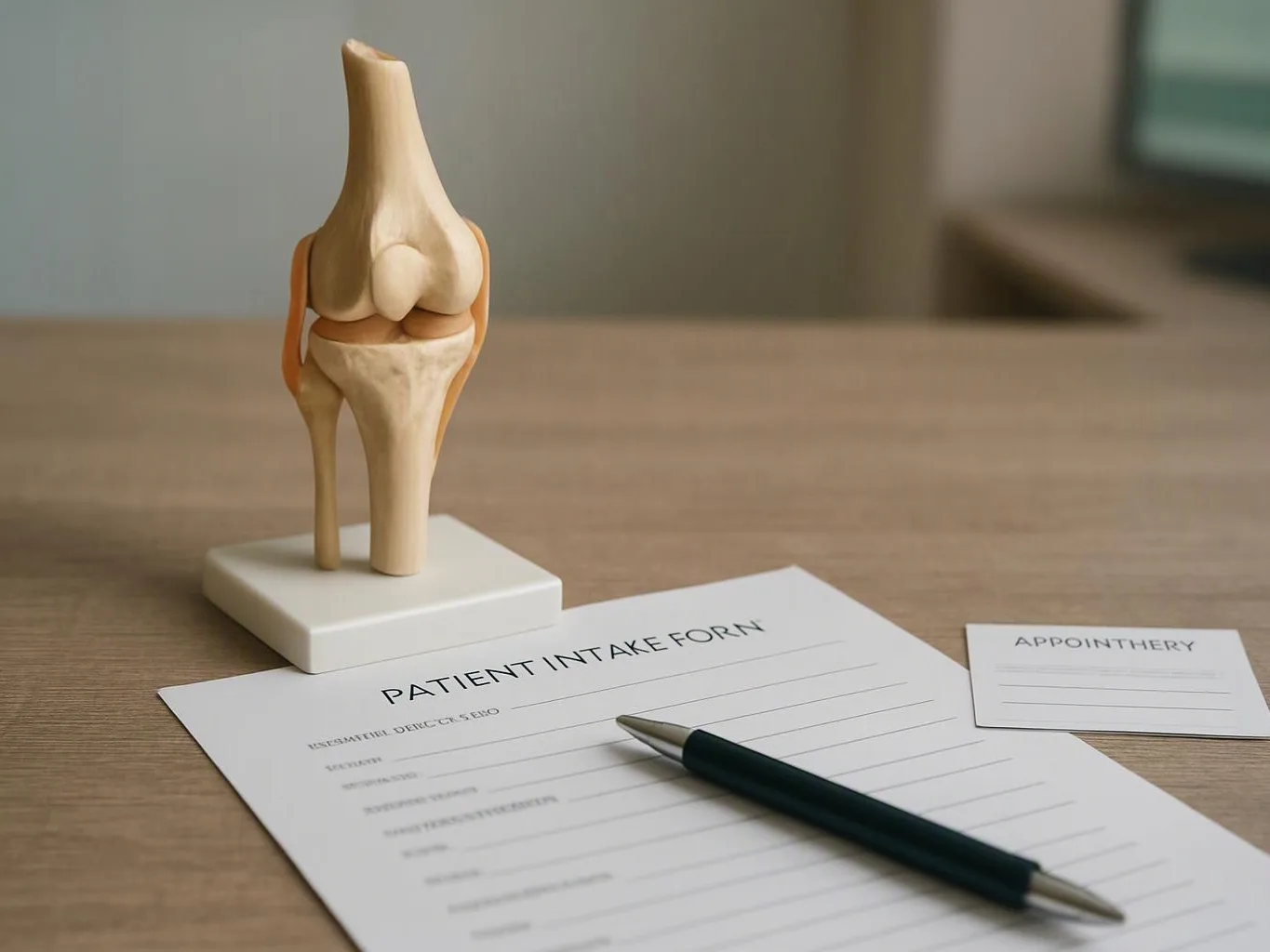A knee model stands beside a patient intake form and pen on a wooden desk