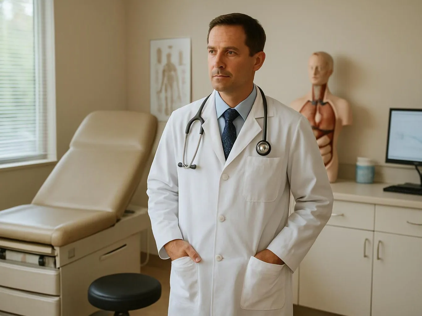 A male doctor in a white coat stands in an exam room with a stethoscope and medical equipment nearby
