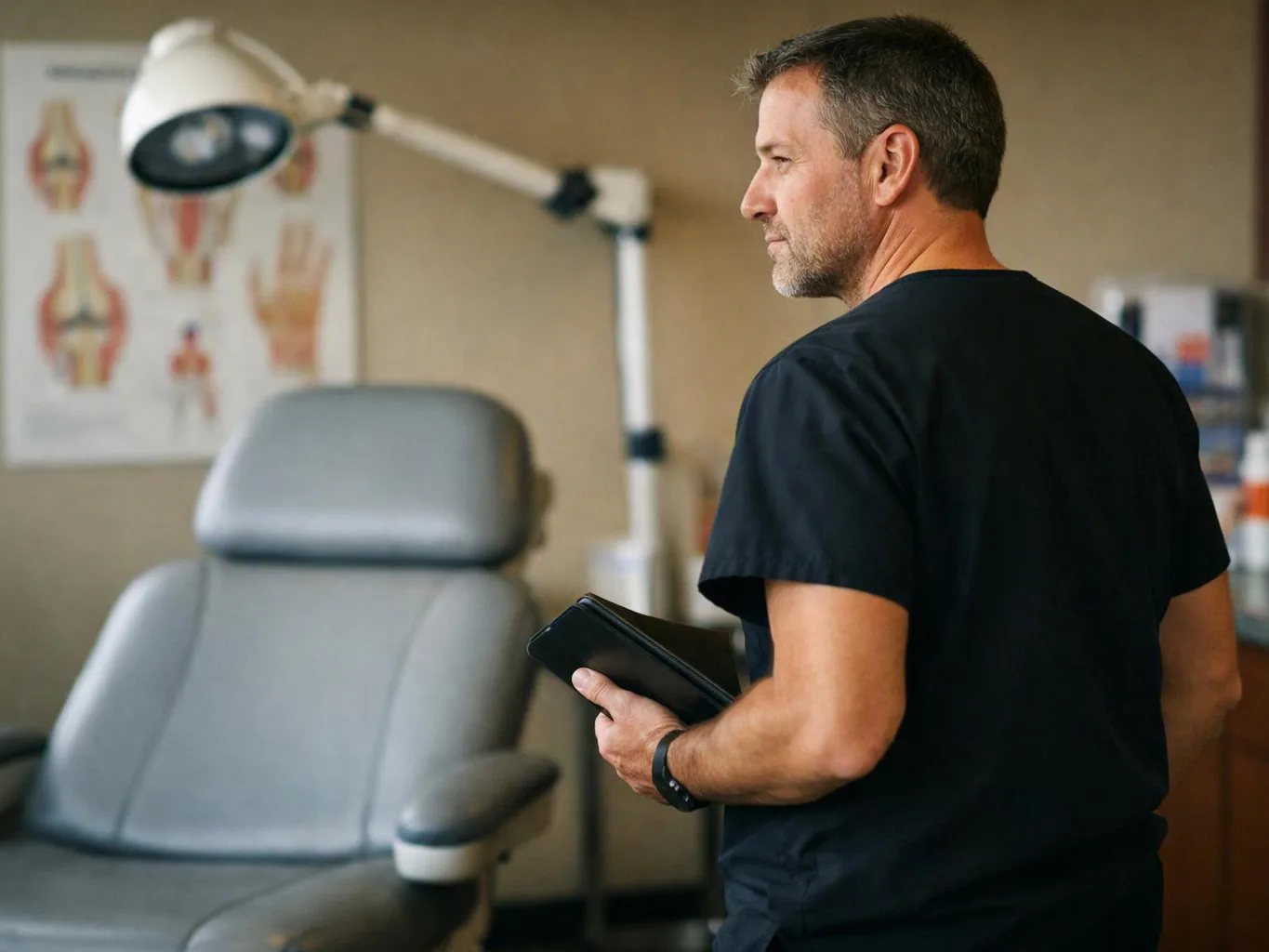 A man in black scrubs stands beside an exam chair, holding a tablet in a clinic room