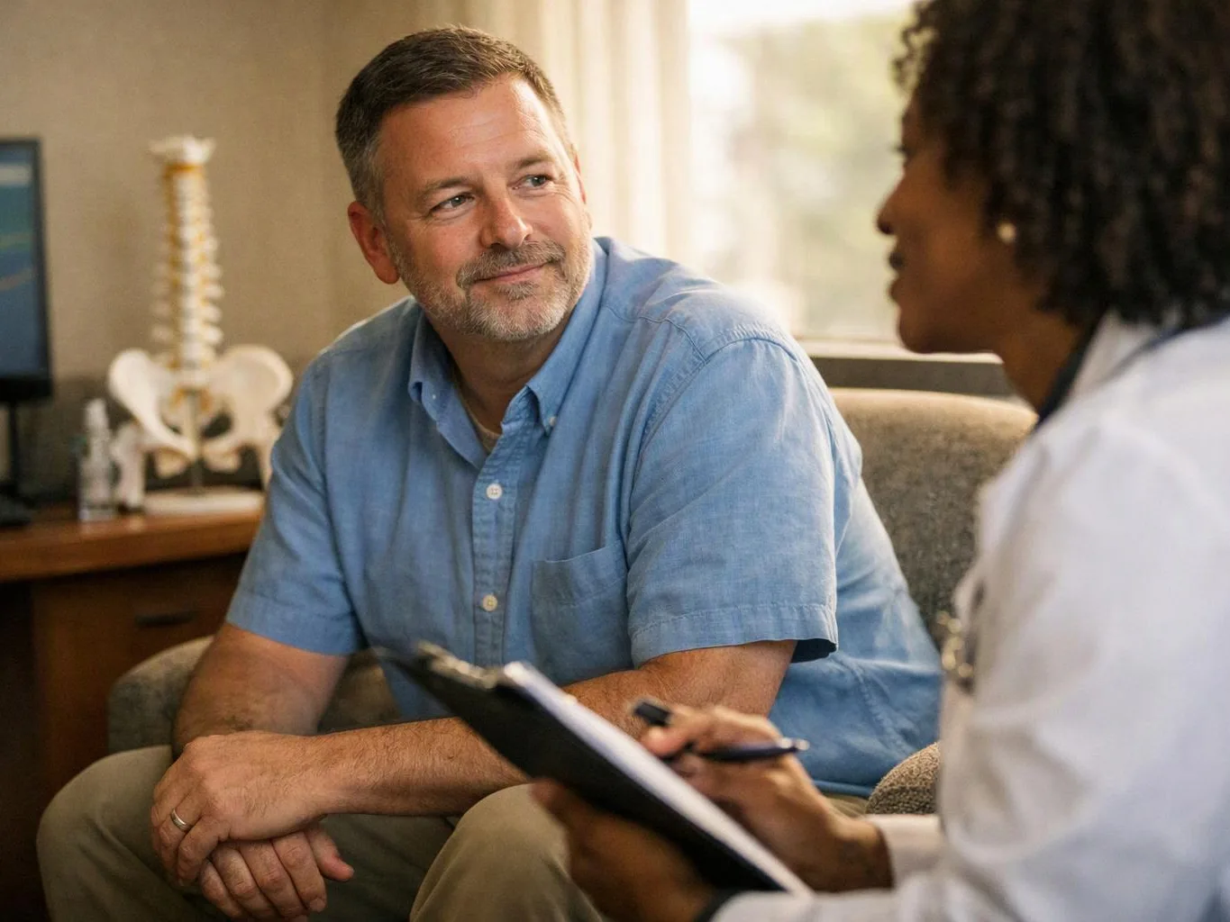 A man in a blue shirt smiles at a doctor holding a clipboard in a bright office