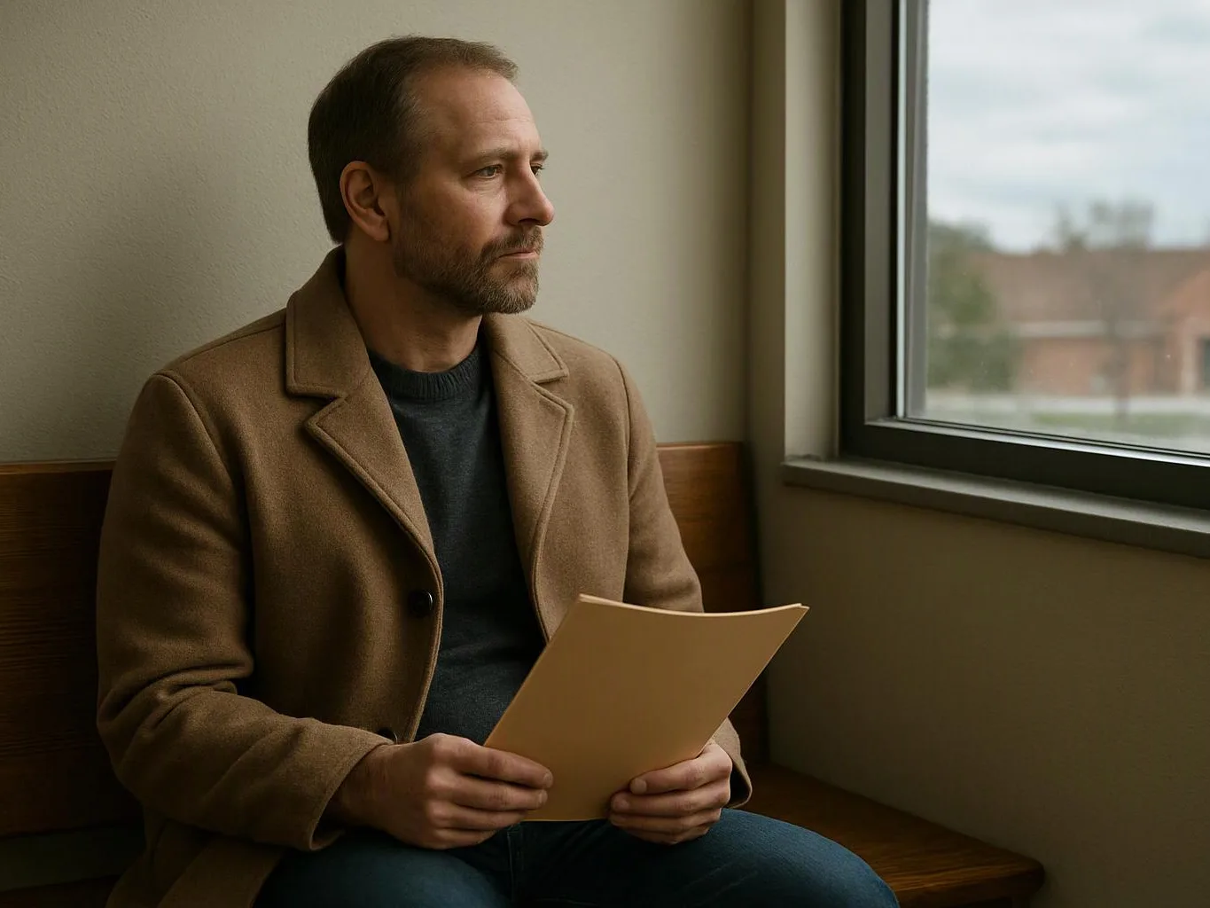 A man in a brown coat sits by a window, holding a folder and looking outside