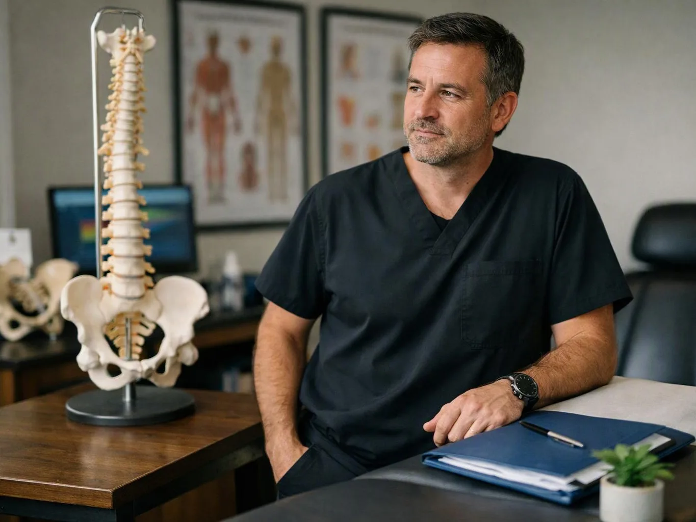 A man in dark scrubs sits beside a spine model in a medical office