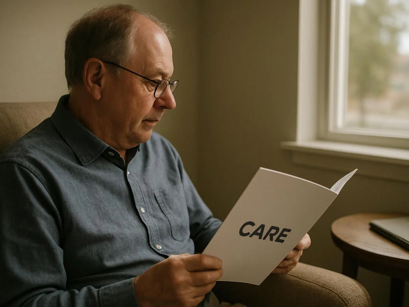 A man in glasses reads a booklet labeled "CARE" beside a window in a quiet room