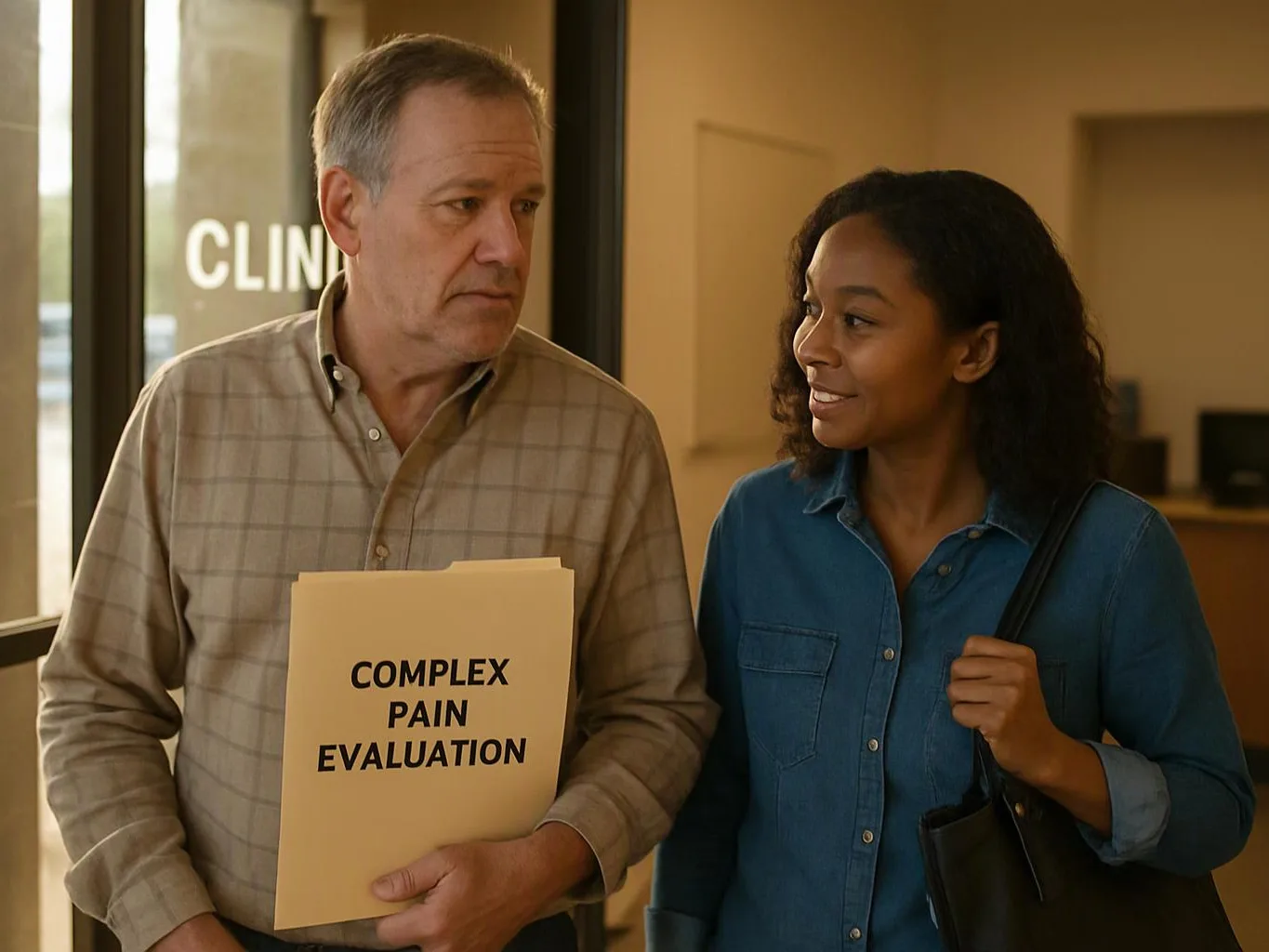 A man holds a folder marked “COMPLEX PAIN EVALUATION” while walking beside a smiling woman in a clinic hallway
