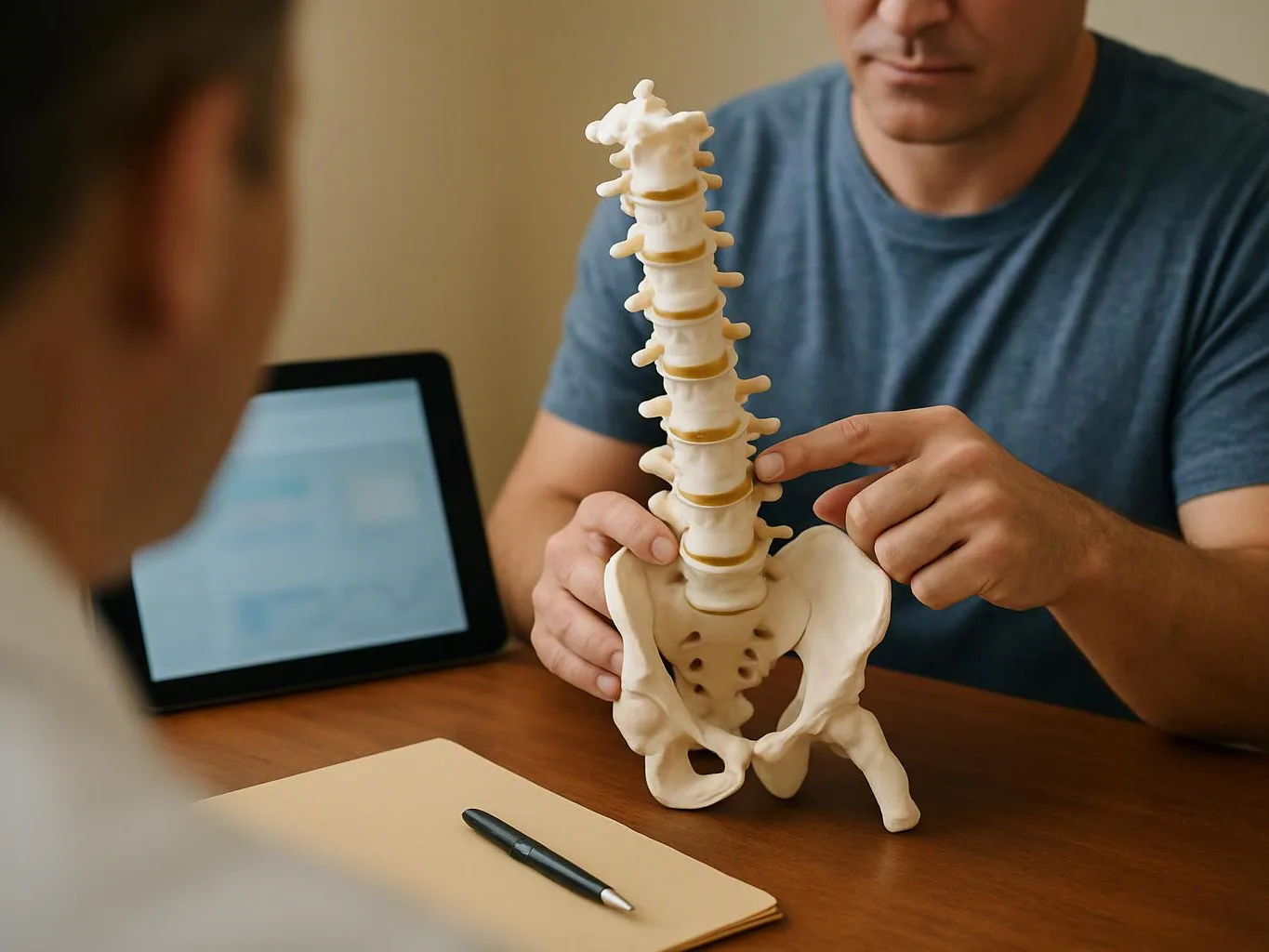 A man points to a spine model across a desk while a tablet and notepad sit nearby