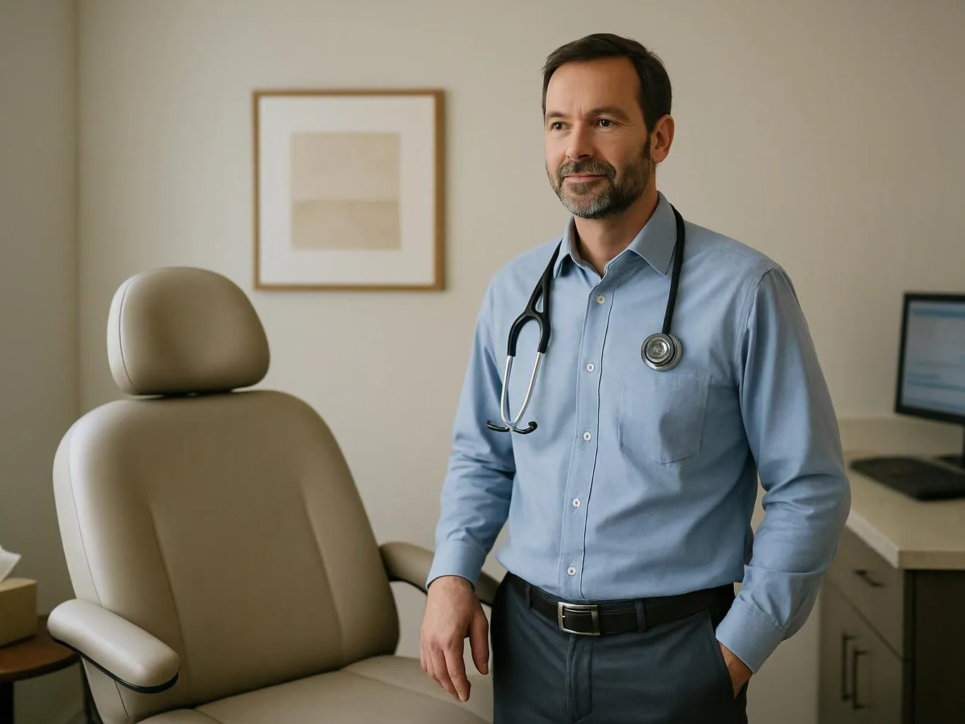 A man with a stethoscope stands beside an empty exam chair in a clean medical office