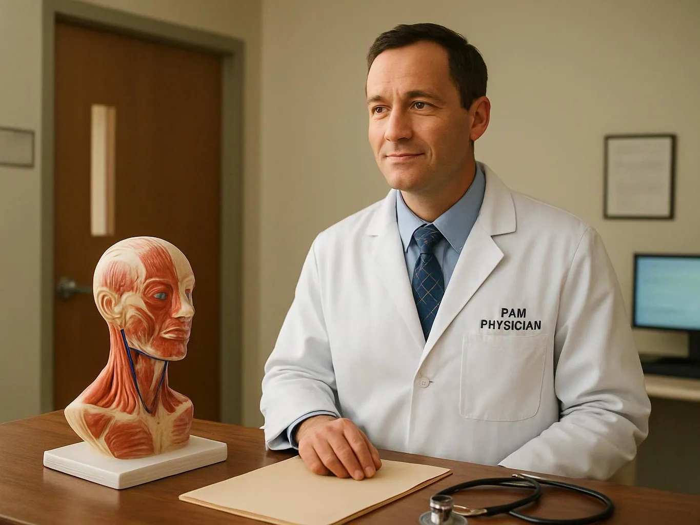 A man in a white lab coat sits beside an anatomy model at a desk in a clinic office